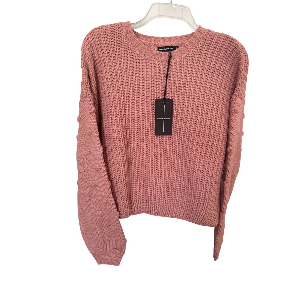 Moon & Madison Sweater S‎ Dusty Rose Cropped Pom Pom Sleeve Chunky Knit NWT